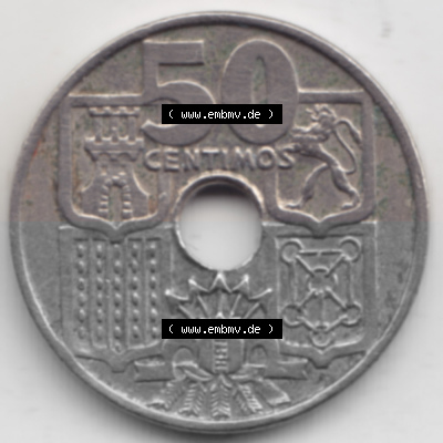 Münzen Spanien Umlaufmünze 1949-1963, 50 Centimos 1963. Vorderseite der Peseten Umlaufmünze aus Spanien vor Einführung der... Sammlung