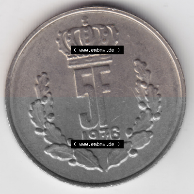 Münzen Luxemburg Umlaufmünze 1971-1981, 5 F, Francs, Franken 1976, Bild mit Vorderseite der Münze als Bildmaterial Sammlung