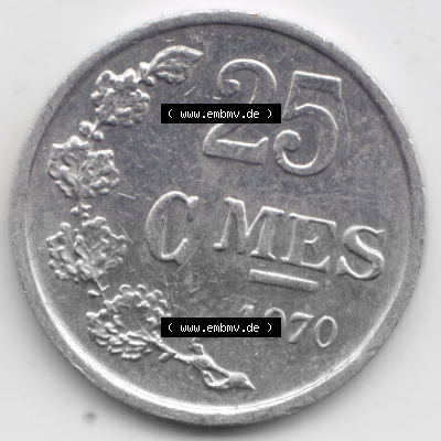 Münzen Luxemburg Umlaufmünze 1954-1972, 25 Centimes, Bild mit Vorderseite der Münze als Bildmaterial Sammlung
