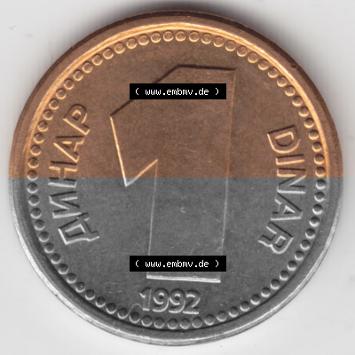Münzen Jugoslawien Umlaufmünze 1992-1992, 1 Dinar, Anhap, Bild mit Vorderseite der Münze als Bildmaterial Sammlung