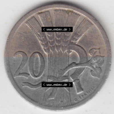 Münzen Tschechoslowakei Umlaufmünze 1921-1938, 20 Heller. Rückseite der Münze aus Tschechoslowakei als Bildmaterial für Sammler... Sammlung