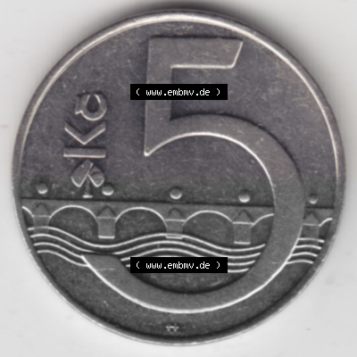 Münzen Tschechien Umlaufmünze 1993-Heute, 5 Kronen. Rückseite der Münze aus Tschechien als Bildmaterial für Sammler und Münzen-Webseiten... Sammlung