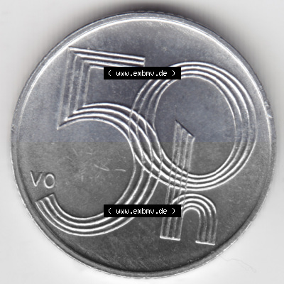 Münzen Tschechien Umlaufmünze 1993-2009, 50 h, 50 Heller. Rückseite der Münze aus Tschechien als Bildmaterial für Sammler... Sammlung