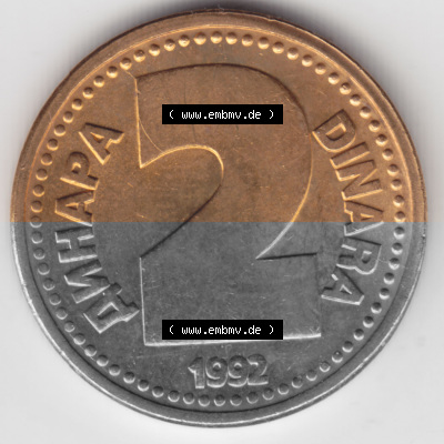 Münzen Jugoslawien Umlaufmünze 1992-1992, 2 Dinara, Anhapa, Dinar, Bild mit Vorderseite der Münze als Bildmaterial Sammlung