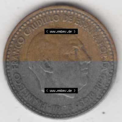 Münzen Spanien Umlaufmünze 1946-1963, 1 Peseta-Pesete 19x3. Rückseite der spanischen Umlaufmünze aus Spanien vor der Euro-Einführung... Sammlung