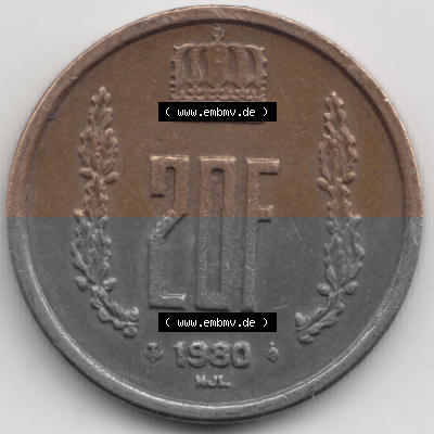 Münzen Luxemburg Umlaufmünze 1980-1983, 20 Francs Franken 1980, Bild mit Vorderseite der Münze als Bildmaterial Sammlung