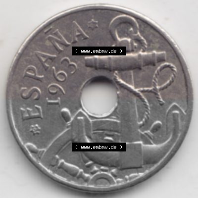 Münzen Spanien Umlaufmünze 1949-1963, 50 Centimos 1963. Rückseite der spanischen Umlaufmünze aus Spanien vor der Euro-Einführung... Sammlung