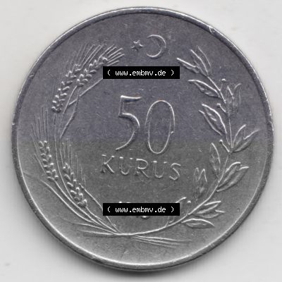 Münzen Türkei Umlaufmünze 1971-1979, 50 Kurus. Vorderseite der Münze der Türkei als Bildmaterial für Sammler und Münzen-Webseiten... Sammlung