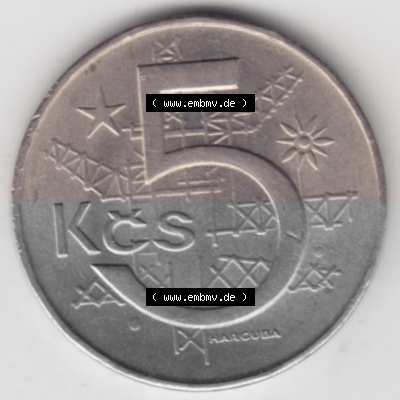 Münzen Tschechoslowakei Umlaufmünze 1966-1990, 5 Kronen. Rückseite der Münze aus Tschechoslowakei als Bildmaterial für Sammler... Sammlung