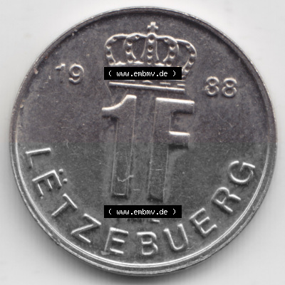 Münzen Luxemburg Umlaufmünze 1988-1995, 1 Franc - Franken 1988, Bild mit Vorderseite der Münze als Bildmaterial Sammlung