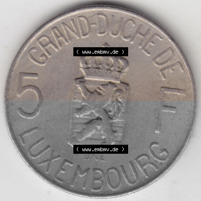 Münzen Luxemburg Umlaufmünze 1962-1962, 5 Franken - Francs 1962, Bild mit Vorderseite der Münze als Bildmaterial Sammlung