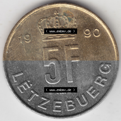 Münzen Luxemburg Umlaufmünze 1989-1995, 5 Franken - Francs 1990, Bild mit Vorderseite der Münze als Bildmaterial Sammlung