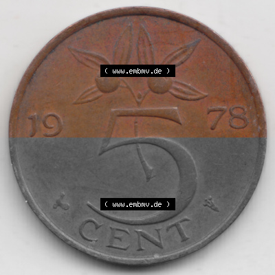 Münzen Niederlande Umlaufmünze 1950-1980, 5 Cent 1978, Bild mit Vorderseite der Münze als Bildmaterial Sammlung