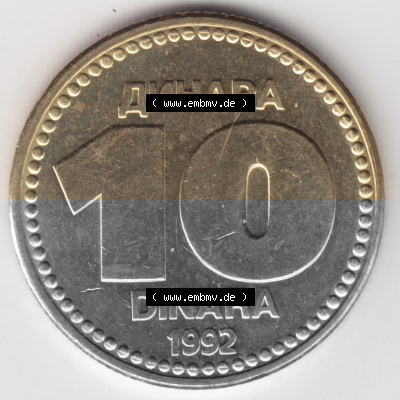 Münzen Jugoslawien Umlaufmünze 1992-1992, 10 Dinara, Anhapa, Dinar, Bild mit Vorderseite der Münze als Bildmaterial Sammlung
