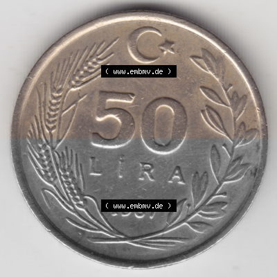 Münzen Türkei Umlaufmünze 1984-1987, 50 Lira - Lire. Vorderseite der Münze der Türkei als Bildmaterial für Sammler und Münzen-Webseiten... Sammlung