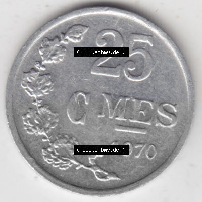 Münzen Luxemburg Umlaufmünze 1954-1972, 25 Centimes - C-MES 1970, Bild mit Vorderseite der Münze als Bildmaterial Sammlung