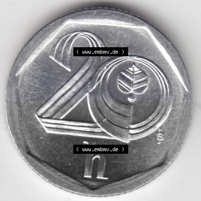 Münzen Tschechien Umlaufmünze 1998-2004, 20 h, 20 Heller. Rückseite der Münze aus Tschechien als Bildmaterial für Sammler... Sammlung