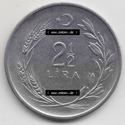 Münzen Türkei Umlaufmünze 1969-1980, 2,50 Lira - Lire. Vorderseite der Münze der Türkei als Bildmaterial für Sammler und... Sammlung