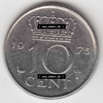Münzen Niederlande Umlaufmünze 1950-1980, 10 Cent 1975, Bild mit Vorderseite der Münze als Bildmaterial Sammlung