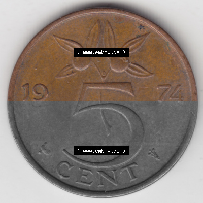 Münzen Niederlande Umlaufmünze 1950-1980, 5 Cent 1974, Bild mit Vorderseite der Münze als Bildmaterial Sammlung