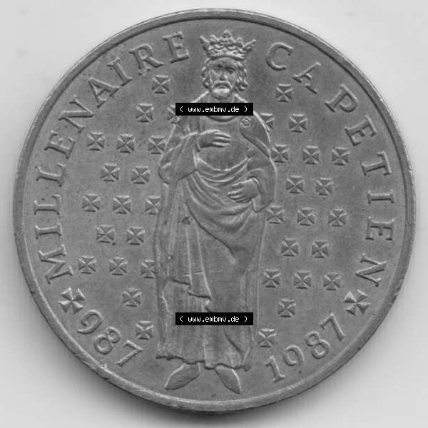 Grau bzw. s/w Münze Frankreich 1987-1987, 10 Francs 1000 Jahre König Hugo Capet erster König von Frankreich. Rückseite der alten französischen Umlaufmünze aus Frankreich in... Sammlung Graustufen
