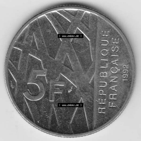 Grau bzw. s/w Münze Frankreich 1992-1992, 000500. 5 Francs Franken in Nickel. Vorderseite der alten französischen Umlaufmünze aus Frankreich in der Francs-Währung zum katalogisieren... Sammlung Graustufen