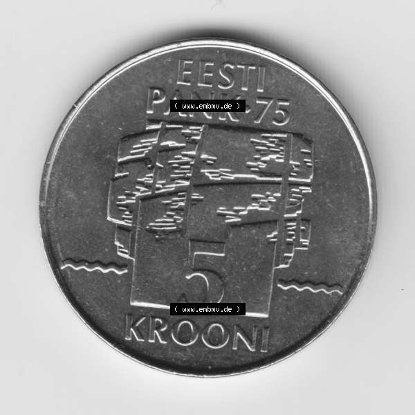 Grau bzw. s/w Münzen Estland Umlaufmünze 1994, 5 Krooni. Vorderseite der alten estländische Umlaufmünze aus Estland zum katalogisieren und verwalten im Münzen-Katalog Estland und... Sammlung Graustufen