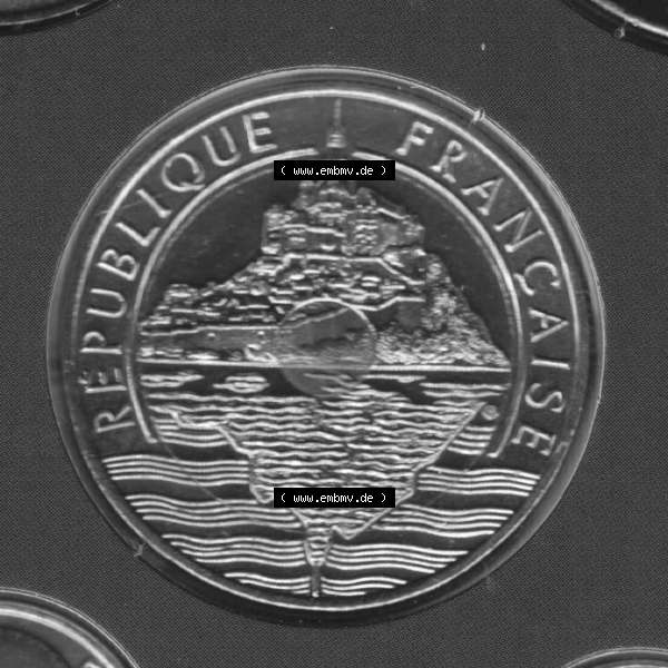 Grau bzw. s/w Münze Frankreich 2000, 20 Francs. Rückseite der alten französischen Umlaufmünze aus Frankreich in der Francs-Währung zum katalogisieren und verwalten im Münzen-Katalog... Sammlung Graustufen