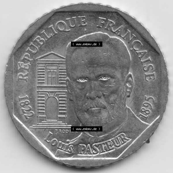 Grau bzw. s/w Münze Frankreich 1995-1995, 2 France Louis Rasteur. Rückseite der alten französischen Umlaufmünze aus Frankreich in der Francs-Währung zum katalogisieren und verwalten... Sammlung Graustufen