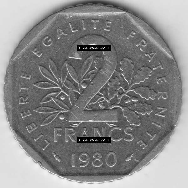 Grau bzw. s/w Münze Frankreich 1979-2001, 2 Francs 1980 Säerin Semeuse. Vorderseite der alten französischen Umlaufmünze aus Frankreich in der Francs-Währung zum katalogisieren und... Sammlung Graustufen