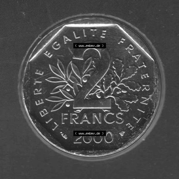 Grau bzw. s/w Münze Frankreich 2000, 2 Francs. Vorderseite der alten französischen Umlaufmünze aus Frankreich in der Francs-Währung zum katalogisieren und verwalten im Münzen-Katalog... Sammlung Graustufen