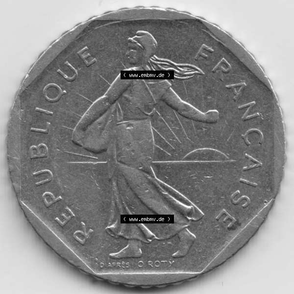 Grau bzw. s/w Münze Frankreich 1979-2001, 2 Francs 1980 Säerin Semeuse. Rückseite der alten französischen Umlaufmünze aus Frankreich in der Francs-Währung zum katalogisieren... Sammlung Graustufen