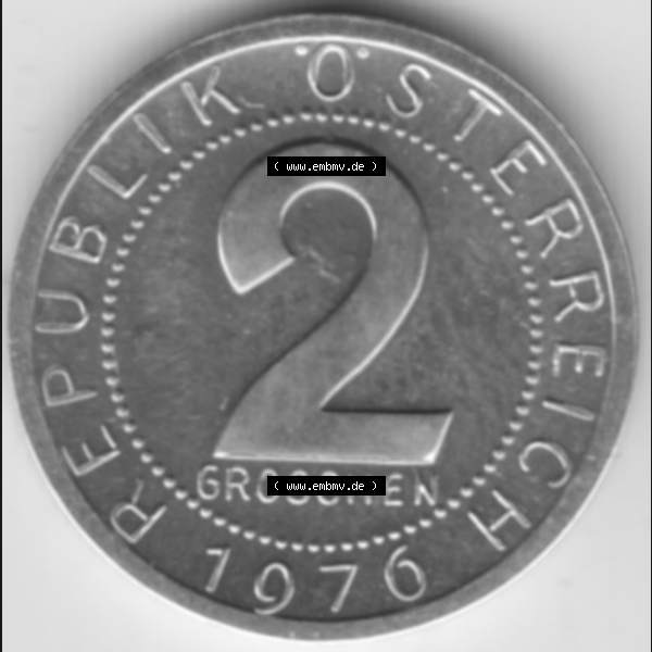 Grau bzw. s/w Münzen Österreich Umlaufmünze aus Münzsatz 1976, 2 Groschen, Bild mit Vorderseite der Münze aus Österreich als Bildmaterial, für dich selbst Sammlung Graustufen