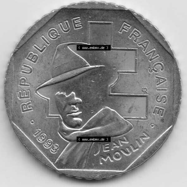 Grau bzw. s/w Münze Frankreich 1993-1993, 2 Francs Jean Moulin. Rückseite der alten französischen Umlaufmünze aus Frankreich in der Francs-Währung zum katalogisieren und verwalten... Sammlung Graustufen