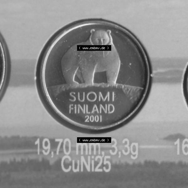 Grau bzw. s/w Münze Finnland 2001 50 Penni, Penniä. Rückseite der alten finnischen Umlaufmünze aus Finnland SUOMI zum katalogisieren und verwalten im Münzen-Katalog Finnland mit... Sammlung Graustufen