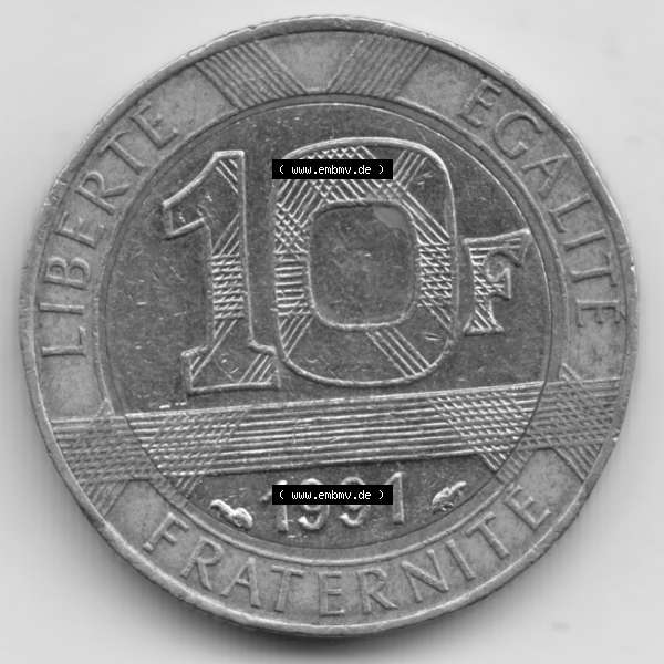 Grau bzw. s/w Münze Frankreich 1991, 10 Francs. Vorderseite der alten französischen Umlaufmünze aus Frankreich in der Francs-Währung zum katalogisieren und verwalten im Münzen-Katalog... Sammlung Graustufen