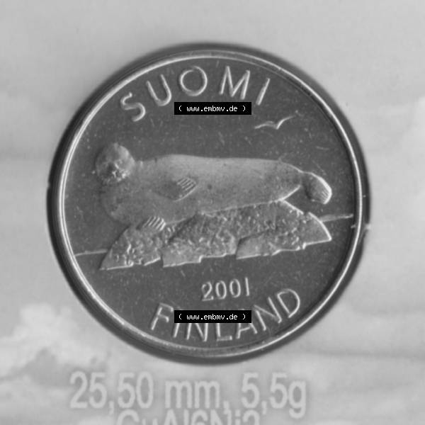 Grau bzw. s/w Münze Finnland 2001, 5 Markkaa, Mark. Rückseite der alten finnischen Umlaufmünze aus Finnland SUOMI zum katalogisieren und verwalten im Münzen-Katalog Finnland mit... Sammlung Graustufen
