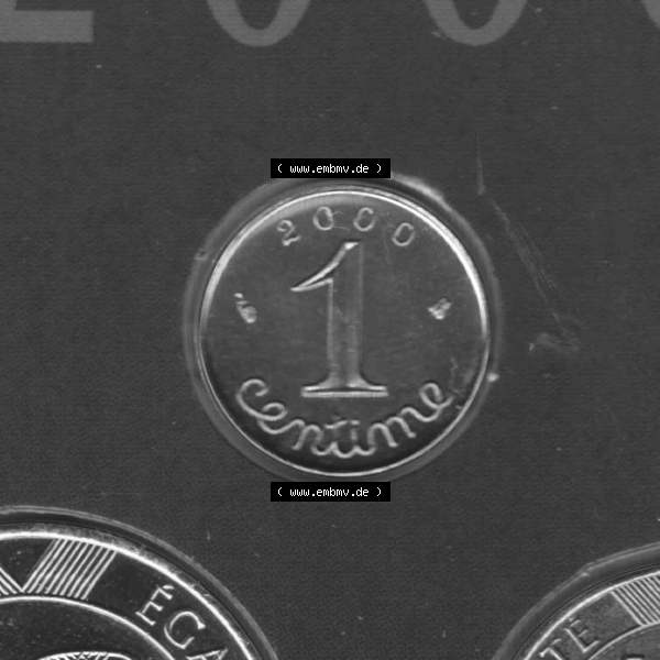 Grau bzw. s/w Münze Frankreich 2000, 1 Centime. Vorderseite der alten französischen Umlaufmünze aus Frankreich in der Francs-Währung zum katalogisieren und verwalten im Münzen-Katalog... Sammlung Graustufen