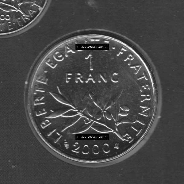 Grau bzw. s/w Münze Frankreich 2000, 1 Francs. Vorderseite der alten französischen Umlaufmünze aus Frankreich in der Francs-Währung zum katalogisieren und verwalten im Münzen-Katalog... Sammlung Graustufen