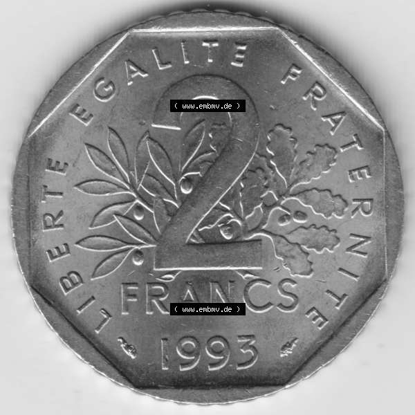 Grau bzw. s/w Münze Frankreich 1993-1993, 2 Francs Jean Moulin. Vorderseite der alten französischen Umlaufmünze aus Frankreich in der Francs-Währung zum katalogisieren und verwalten... Sammlung Graustufen