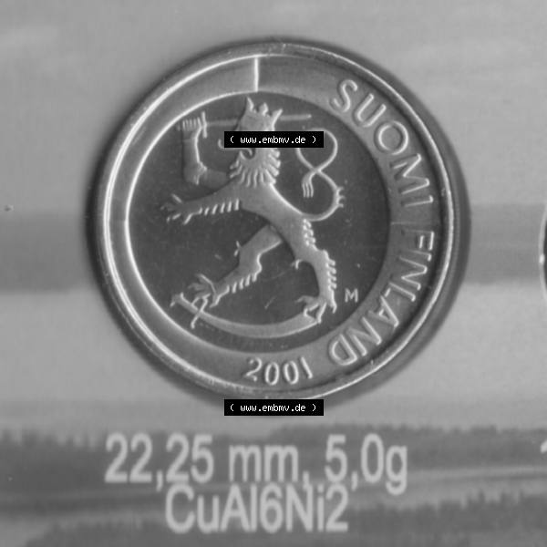 Grau bzw. s/w Münze Finnland 2001, 1 Markka, Mark. Rückseite der alten finnischen Umlaufmünze aus Finnland SUOMI zum katalogisieren und verwalten im Münzen-Katalog Finnland mit... Sammlung Graustufen