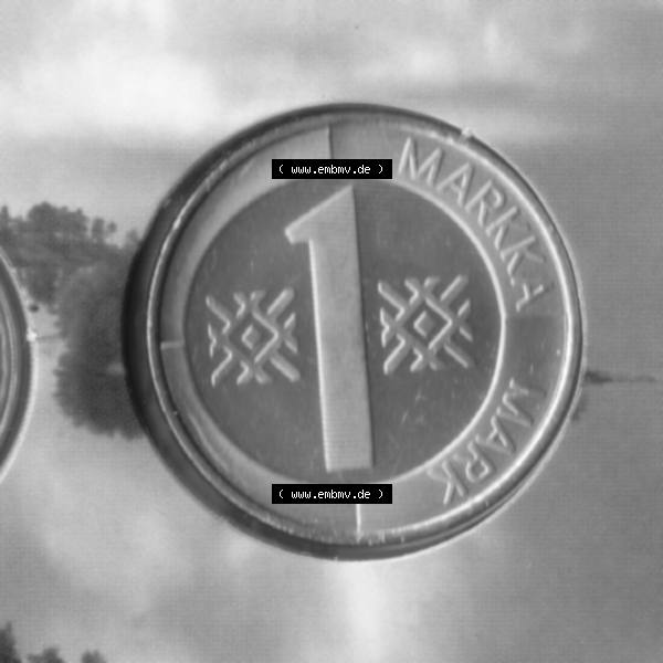 Grau bzw. s/w Münze Finnland 2001, 1 Markka, Mark. Vorderseite der alten finnischen Umlaufmünze aus Finnland SUOMI zum katalogisieren und verwalten im Münzen-Katalog Finnland mit Münzen-Verwaltung,... Sammlung Graustufen