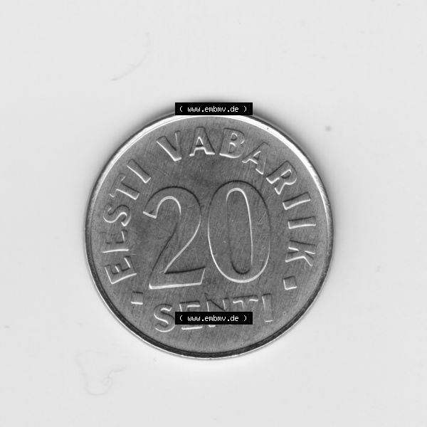 Grau bzw. s/w Münzen Estland Umlaufmünze 2006, 20 Senti. Vorderseite der alten estländische Umlaufmünze aus Estland zum katalogisieren und verwalten im Münzen-Katalog Estland und... Sammlung Graustufen