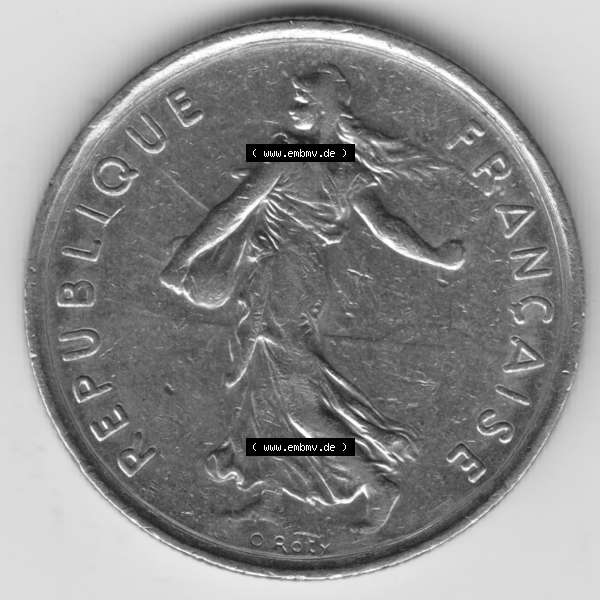 Grau bzw. s/w Münze Frankreich 1970-2001, 5 Francs 1985 Liberte Egalite Fraternite. Rückseite der alten französischen Umlaufmünze aus Frankreich in der Francs-Währung zum katalogisieren... Sammlung Graustufen