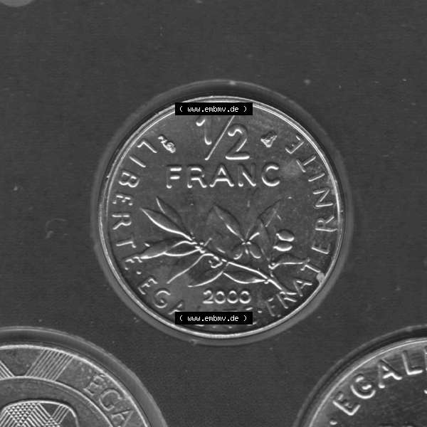 Grau bzw. s/w Münze Frankreich 2000, 0,50 Francs. Vorderseite der alten französischen Umlaufmünze aus Frankreich in der Francs-Währung zum katalogisieren und verwalten im Münzen-Katalog... Sammlung Graustufen