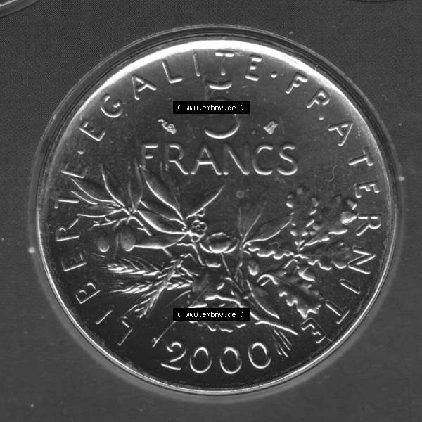 Grau bzw. s/w Münze Frankreich 2000, 5 Francs. Vorderseite der alten französischen Umlaufmünze aus Frankreich in der Francs-Währung zum katalogisieren und verwalten im Münzen-Katalog... Sammlung Graustufen