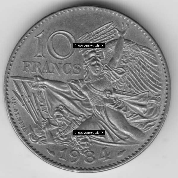 Grau bzw. s/w Münze Frankreich 1984-1984, 10 Francs Francois Rude. Rückseite der alten französischen Umlaufmünze aus Frankreich in der Francs-Währung zum katalogisieren und verwalten... Sammlung Graustufen