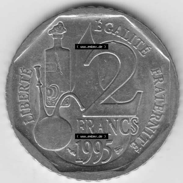 Grau bzw. s/w Münze Frankreich 1995-1995, 2 France Louis Rasteur. Vorderseite der alten französischen Umlaufmünze aus Frankreich in der Francs-Währung zum katalogisieren und verwalten... Sammlung Graustufen