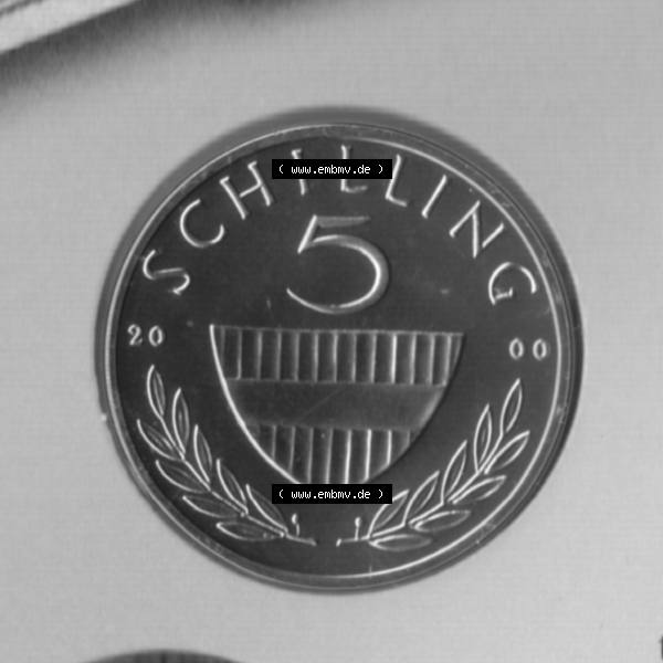 Grau bzw. s/w Münzen Österreich Umlaufmünze aus Münzsatz 1968-2001, 5 Schilling 2000, Bild mit Vorderseite der Münze aus Österreich als Bildmaterial, für dich selbst Sammlung Graustufen
