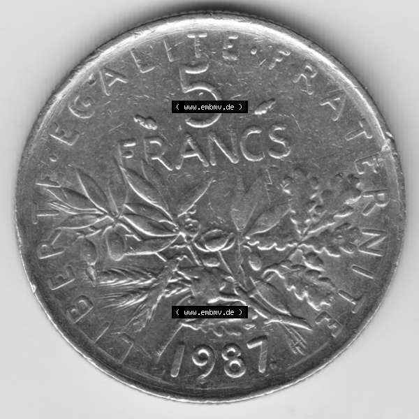 Grau bzw. s/w Münze Frankreich 1970-2001, 5 Francs 1985 Liberte Egalite Fraternite. Vorderseite der alten französischen Umlaufmünze aus Frankreich in der Francs-Währung zum katalogisieren... Sammlung Graustufen